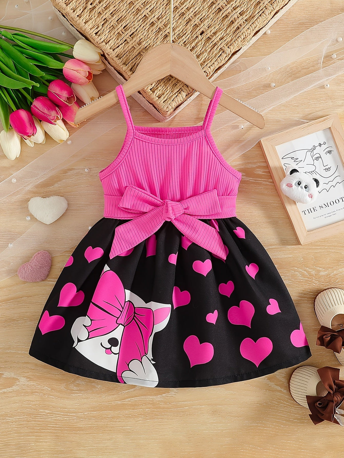 Girls' Sleeveless Bow Dress with Heart Print Skirt and Cartoon Character Design for Summer Outfits