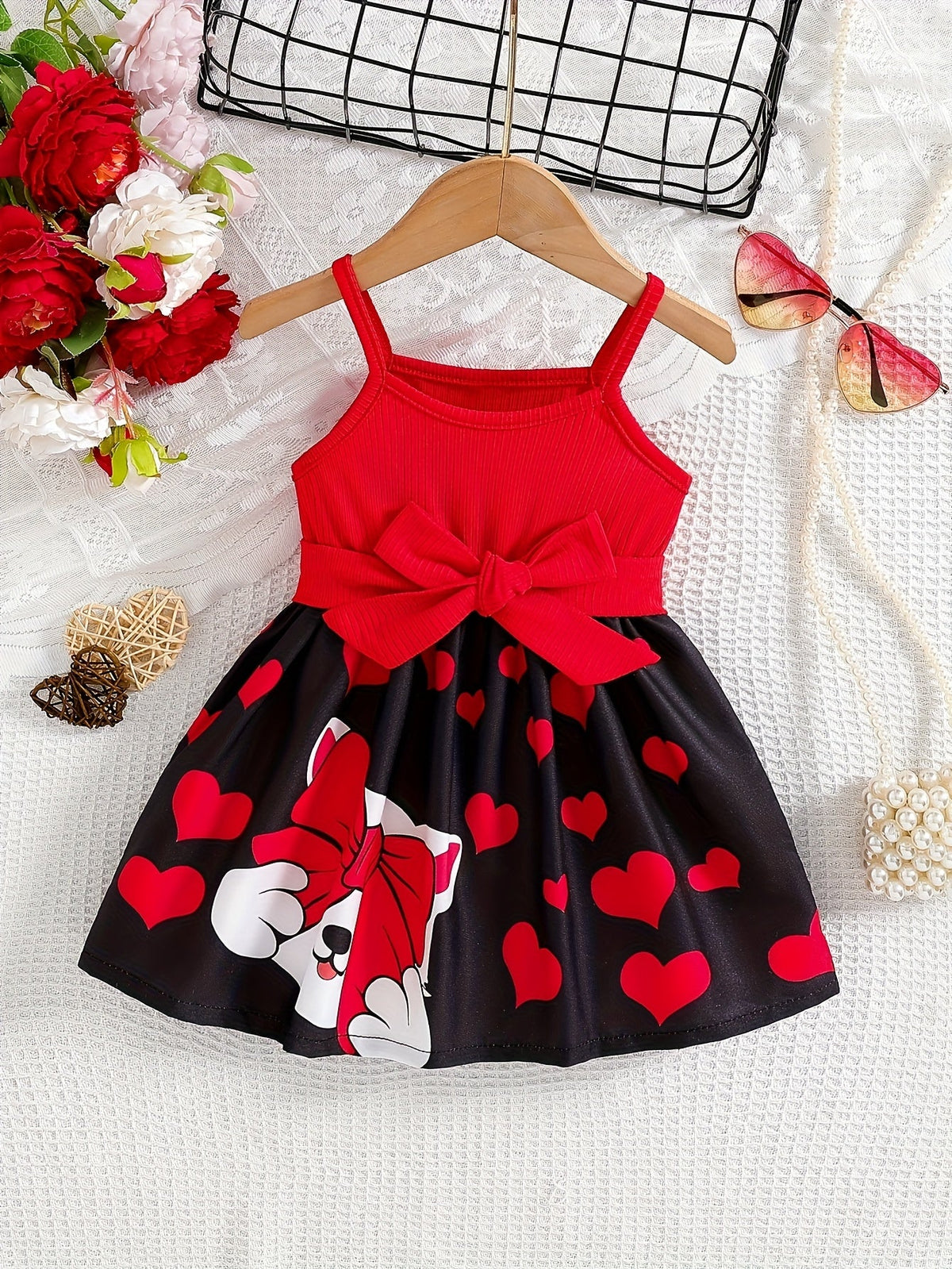 Girls' Sleeveless Bow Dress with Heart Print Skirt and Cartoon Character Design for Summer Outfits