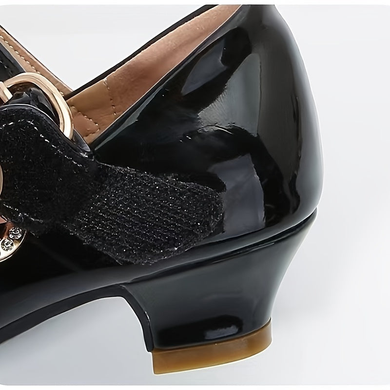 Girls' Glossy Mary Jane Shoes with Round Strap Accents and Small Heels for Parties and Dress Outfits