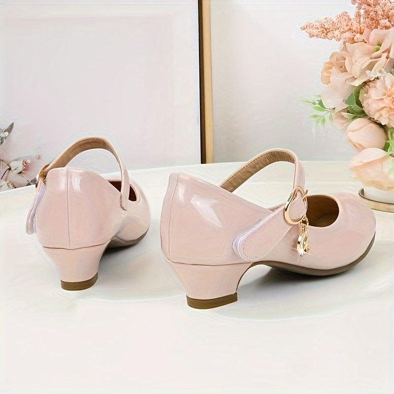 Girls' Glossy Mary Jane Shoes with Round Strap Accents and Small Heels for Parties and Dress Outfits