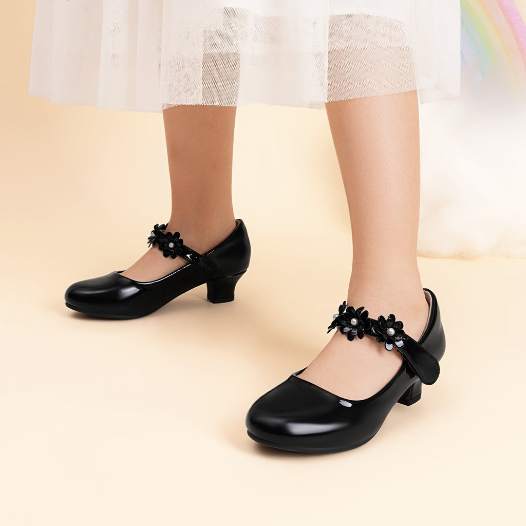 Floral Mary Jane Pumps for Girls with Rounded Toes and Low Heels in Black, White or Glittering Gold