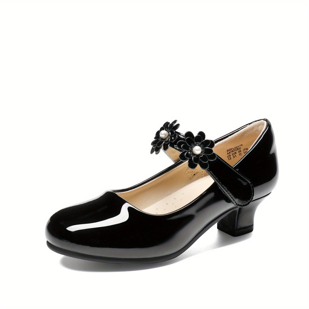 Floral Mary Jane Pumps for Girls with Rounded Toes and Low Heels in Black, White or Glittering Gold