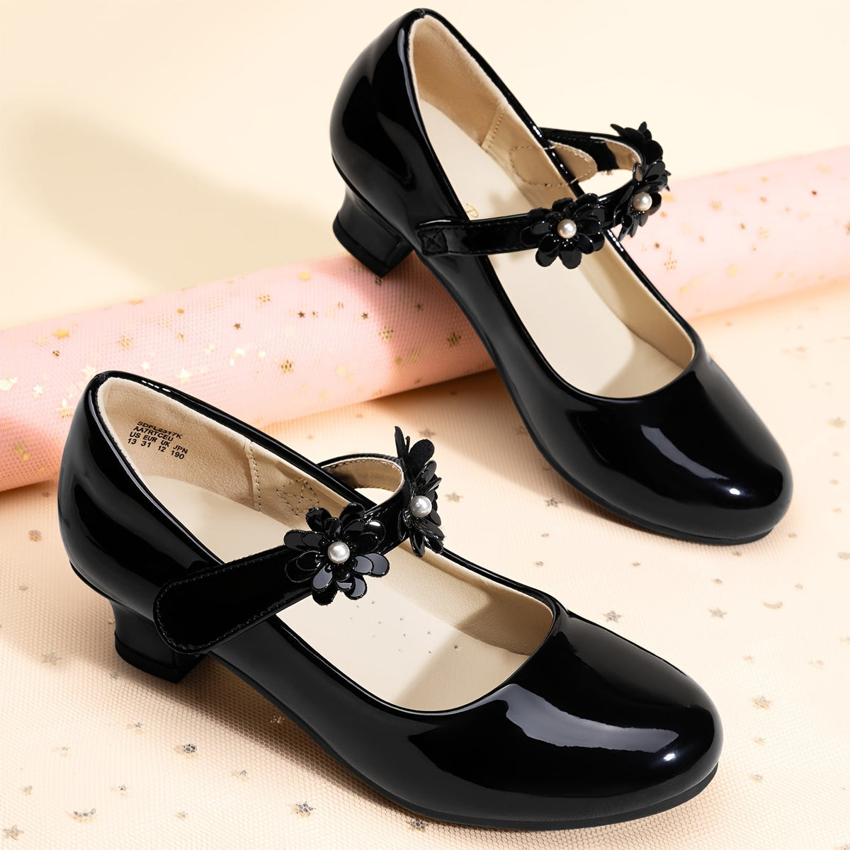 Floral Mary Jane Pumps for Girls with Rounded Toes and Low Heels in Black, White or Glittering Gold