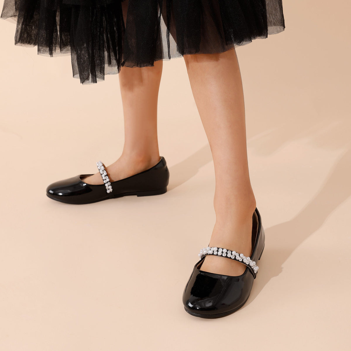 Mary Jane Flats for Girls with Pearl Look Strap Decorations and Sparkling Details for Dressy Outfits