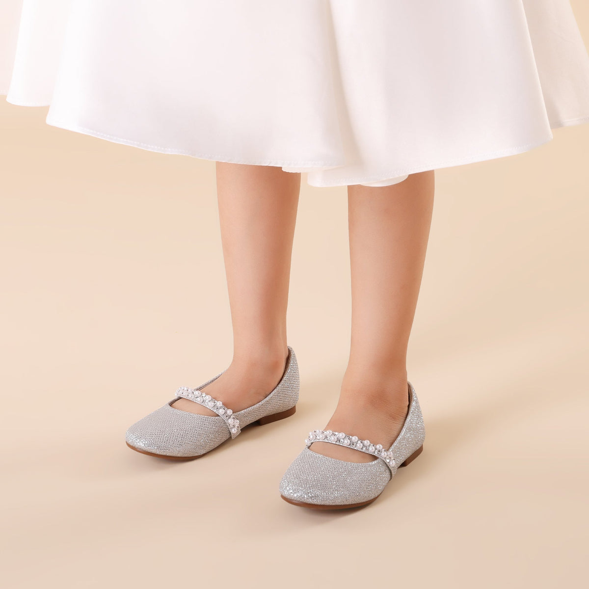 Mary Jane Flats for Girls with Pearl Look Strap Decorations and Sparkling Details for Dressy Outfits