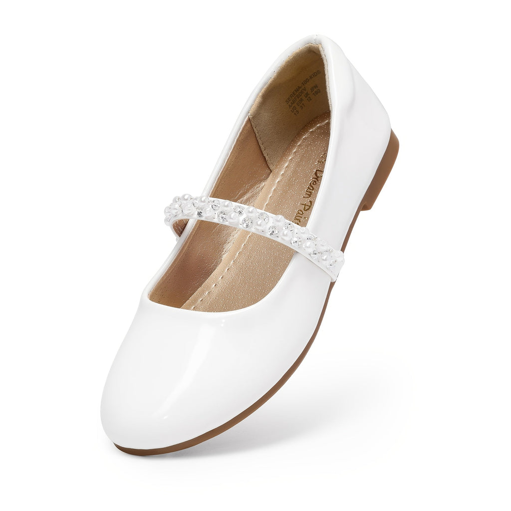 Mary Jane Flats for Girls with Pearl Look Strap Decorations and Sparkling Details for Dressy Outfits