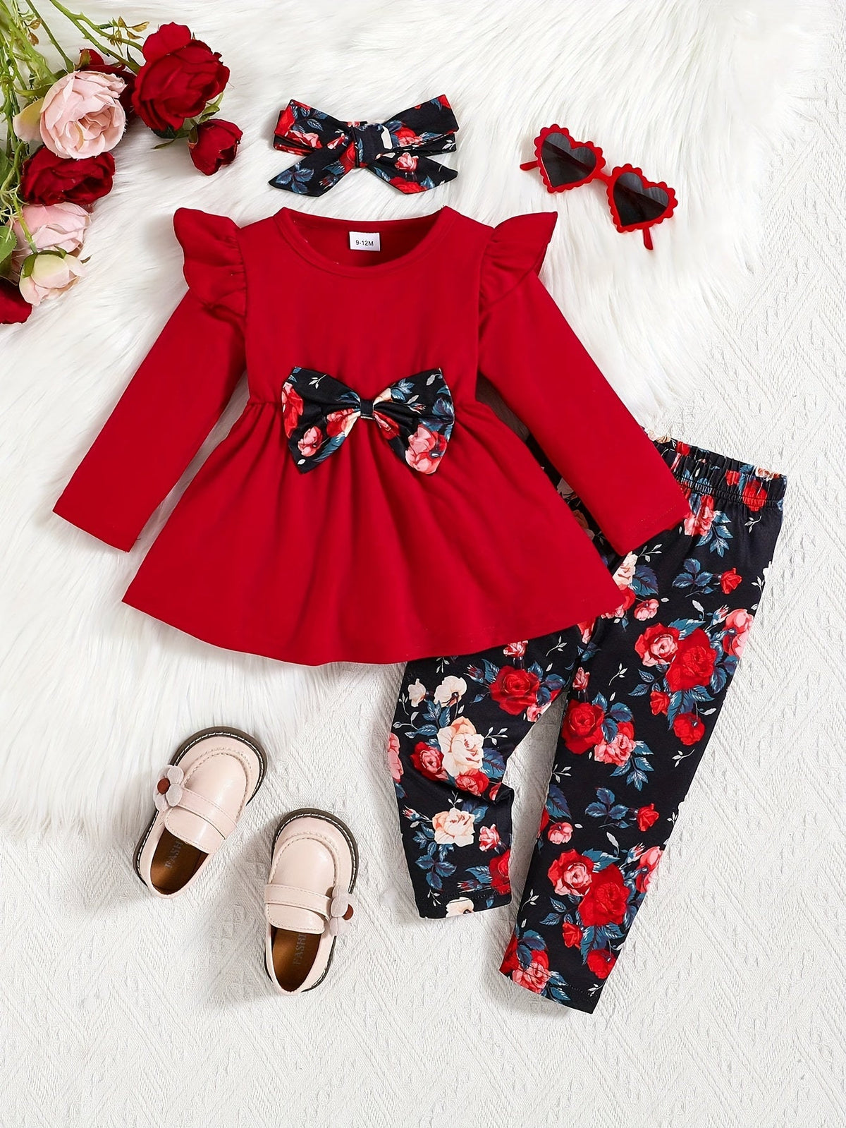 Girls' Floral Outfit Set with a Burgundy Ruffle Top and Rose Print Leggings for Coordinated Daytime Wear