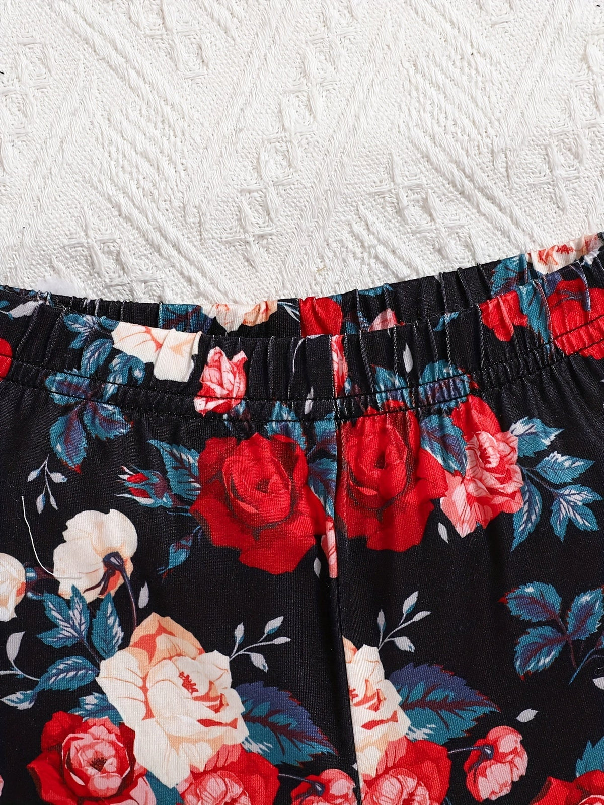 Girls' Floral Outfit Set with a Burgundy Ruffle Top and Rose Print Leggings for Coordinated Daytime Wear