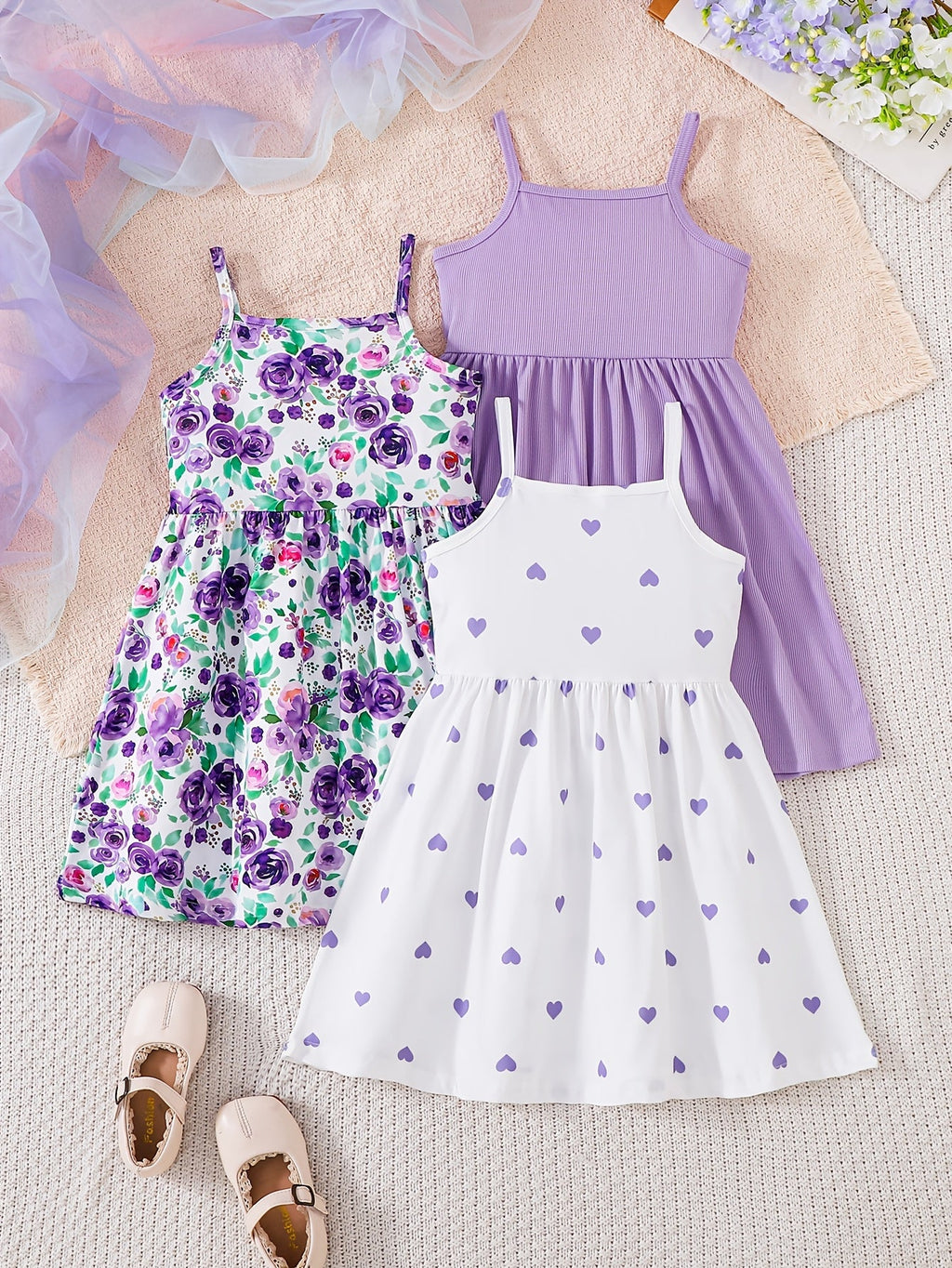 Girls' Printed Sundresses in a Purple Three-Pack Pairing Floral and Heart Designs with a Solid Dress