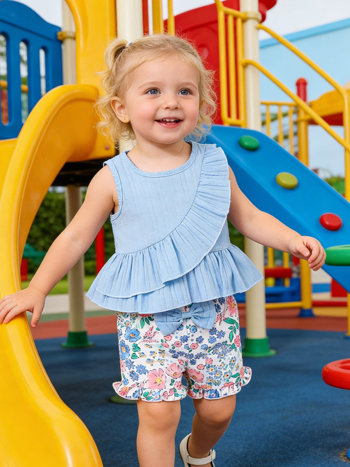 Toddler Girls' Blue Ruffle Top and Shorts Set with Floral Print Bottoms for Cheerful Summer Outings