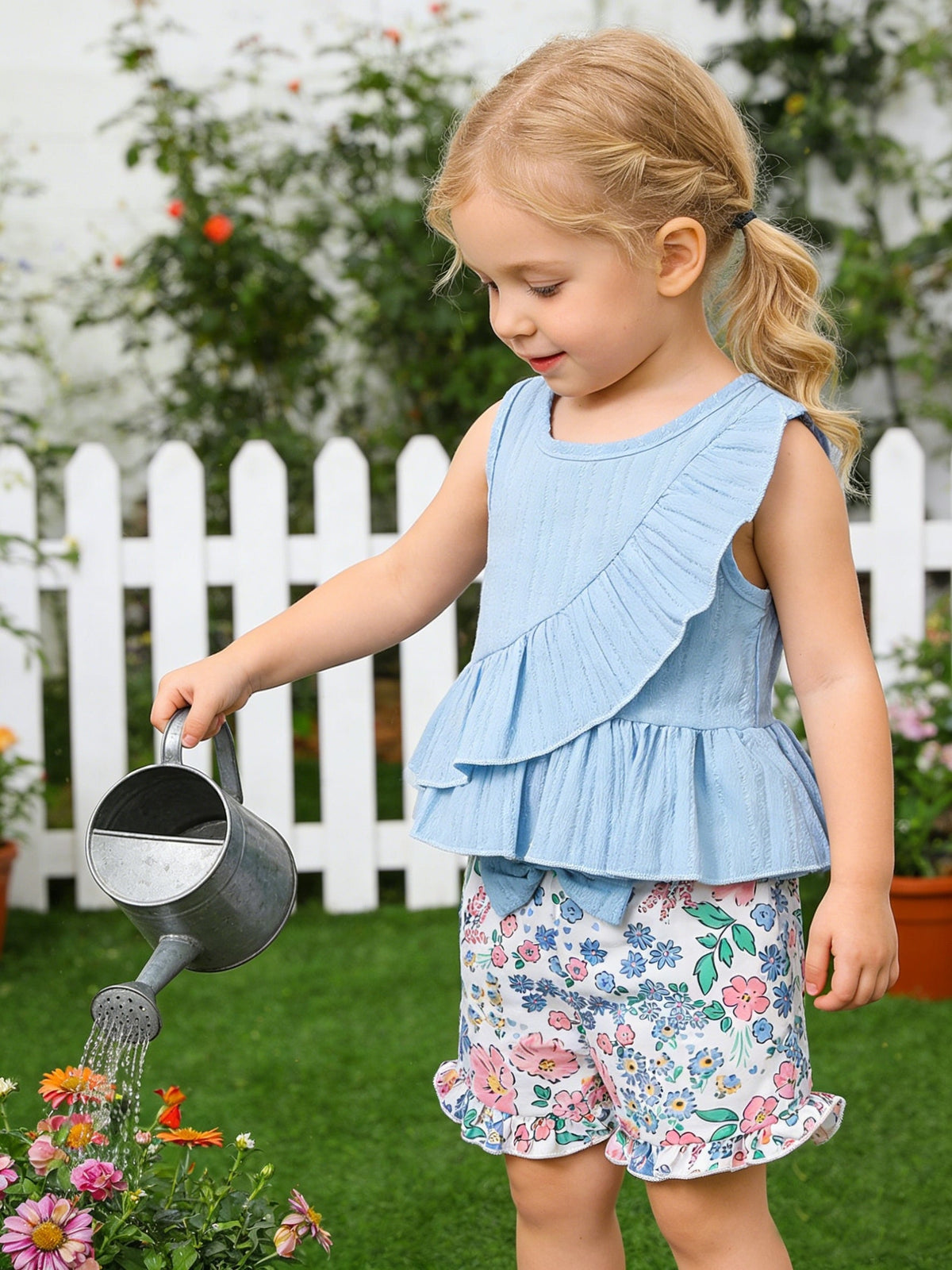 Toddler Girls' Blue Ruffle Top and Shorts Set with Floral Print Bottoms for Cheerful Summer Outings