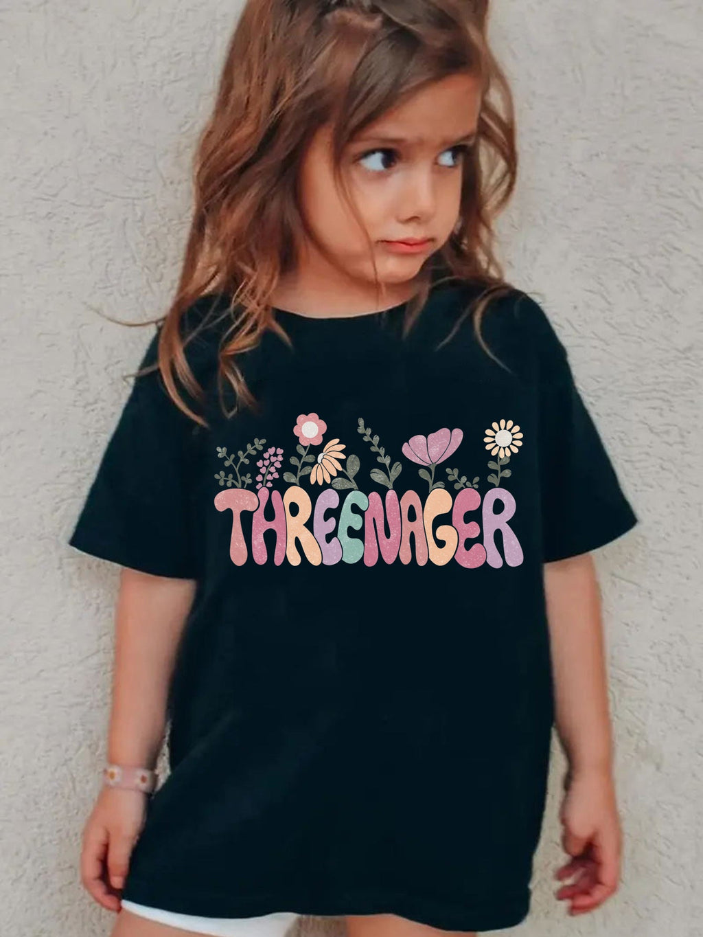 Girls' Threenager Floral Graphic T-Shirt in Black with Pink Lettering for Playful Everyday Outfits