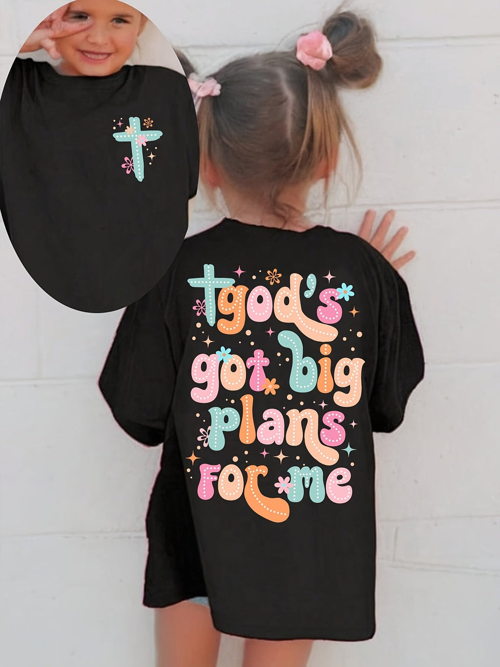 Girls' God's Got Big Plans Cotton T-Shirt in Black with a Chest Cross and Colorful Back Lettering