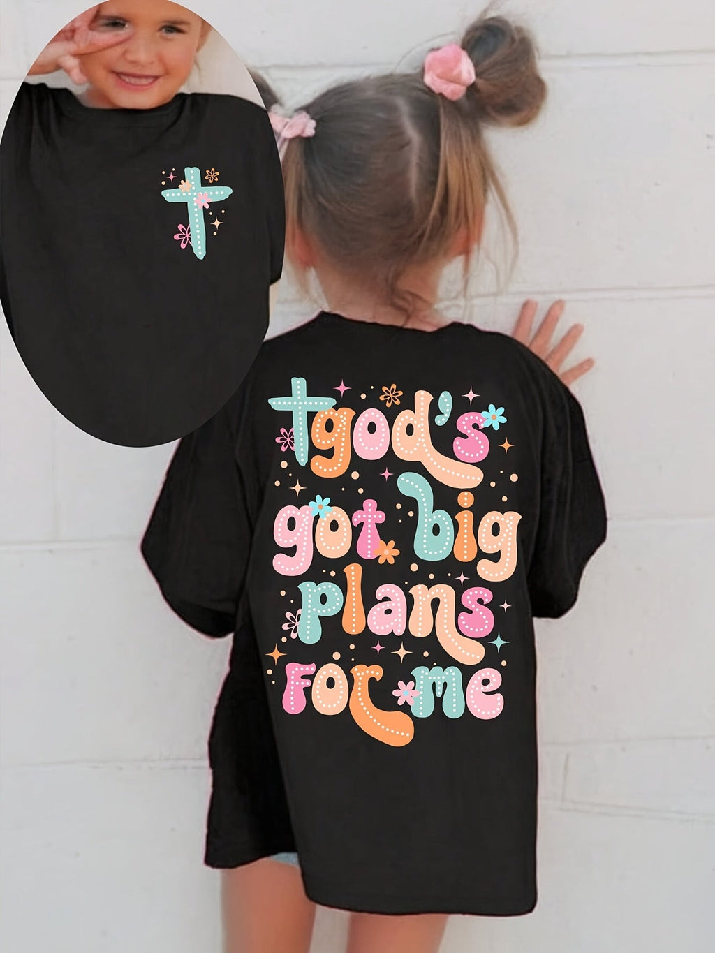 Girls' God's Got Big Plans Cotton T-Shirt in Black with a Chest Cross and Colorful Back Lettering