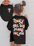 Girls' God's Got Big Plans Cotton T-Shirt in Black with a Chest Cross and Colorful Back Lettering