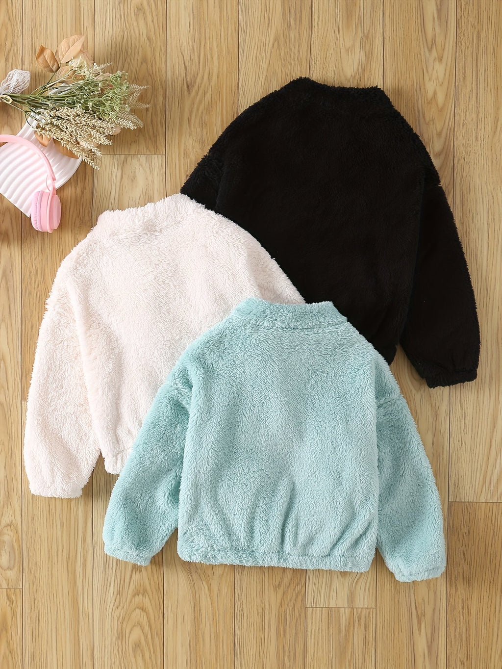 Girls' Half Zip Fleece Pullovers 3-Pack with Stand Collars and Front Pockets for Fall Layering