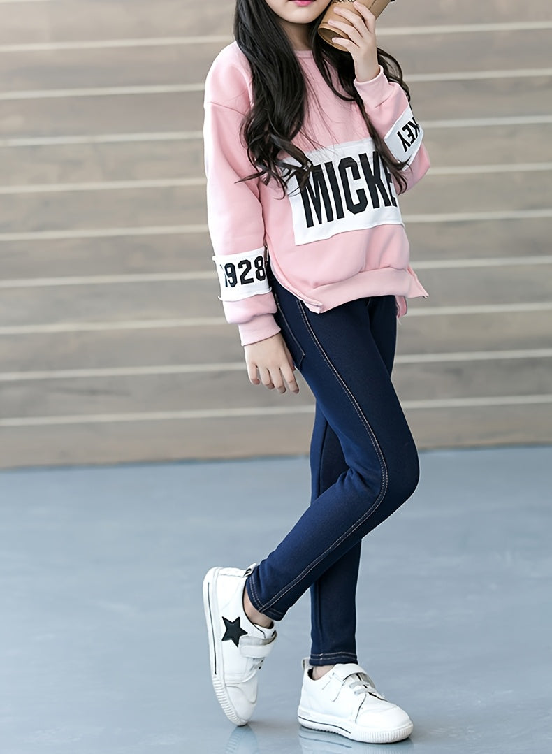 Girls' Lined Jeggings in Dark Blue with Contrast Stitching and Back Pockets for Fall and Winter Outfits