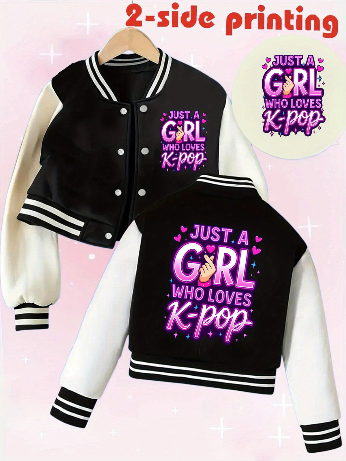 Girls' Bomber Jacket with K-Pop Chest Lettering and Contrast White Sleeves in a Cropped Black Design