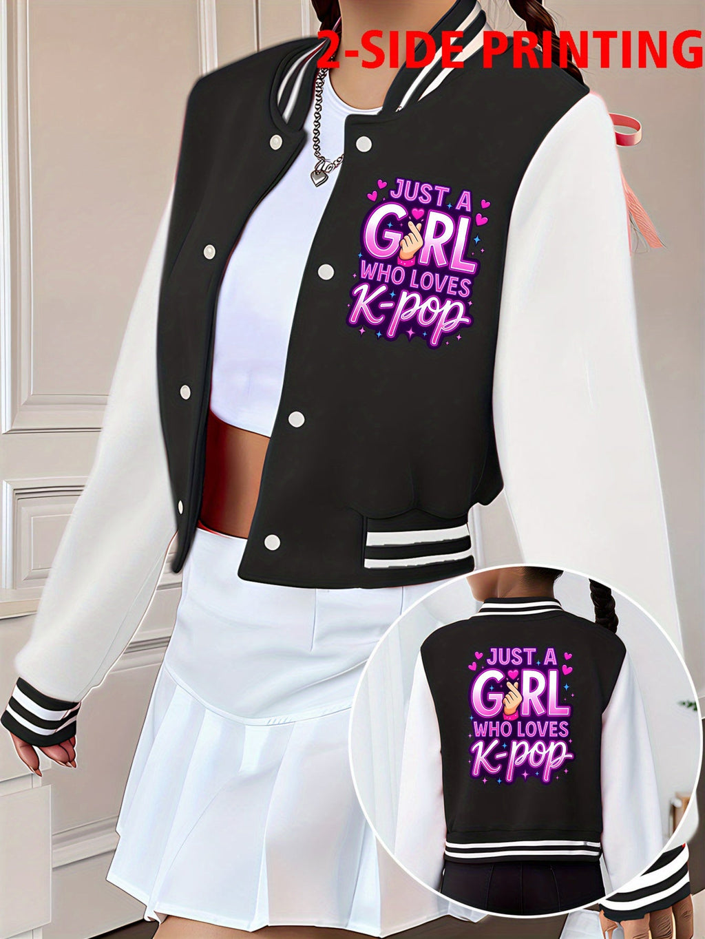 Girls' Bomber Jacket with K-Pop Chest Lettering and Contrast White Sleeves in a Cropped Black Design