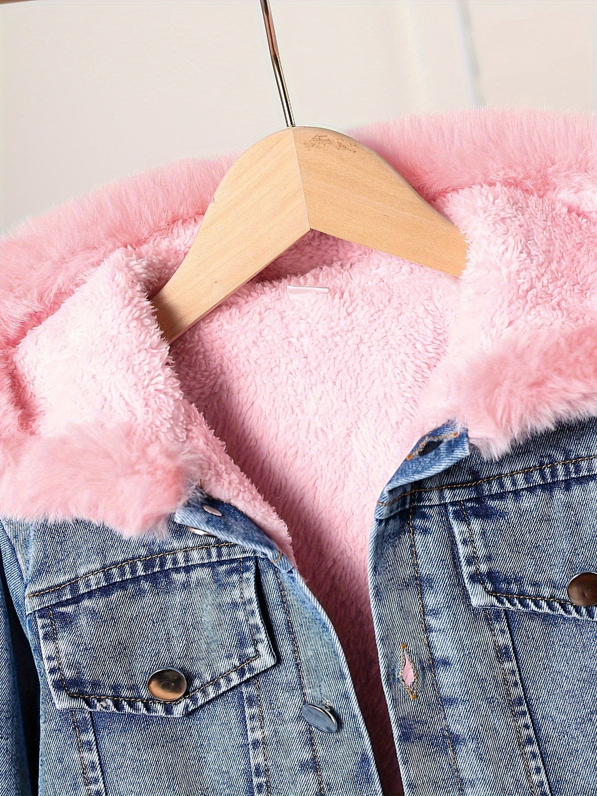 Girls' Hooded Denim Jacket in Blue with Pink Plush Lining and a Button Front for Fall and Winter