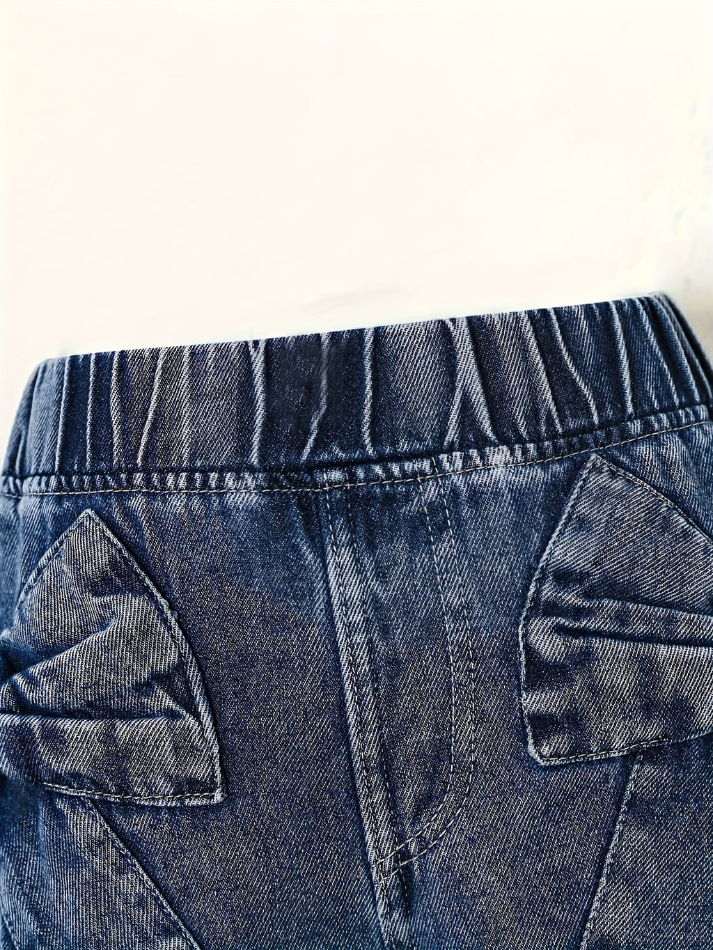 Girls' Wide Leg Denim Jeans in Washed Blue with Large Bow Details and Elastic Waist for Casual Outfits