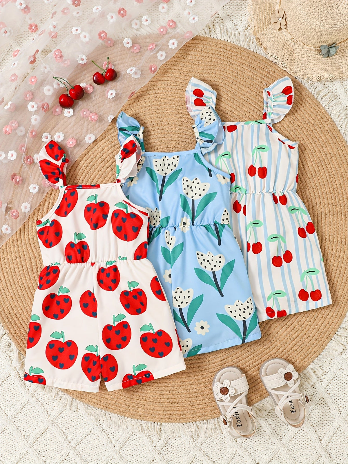 Baby Girls' Short Rompers 3-Pack with Pink Fruit and Blue Heart Prints for Sleeveless Summer Outfits