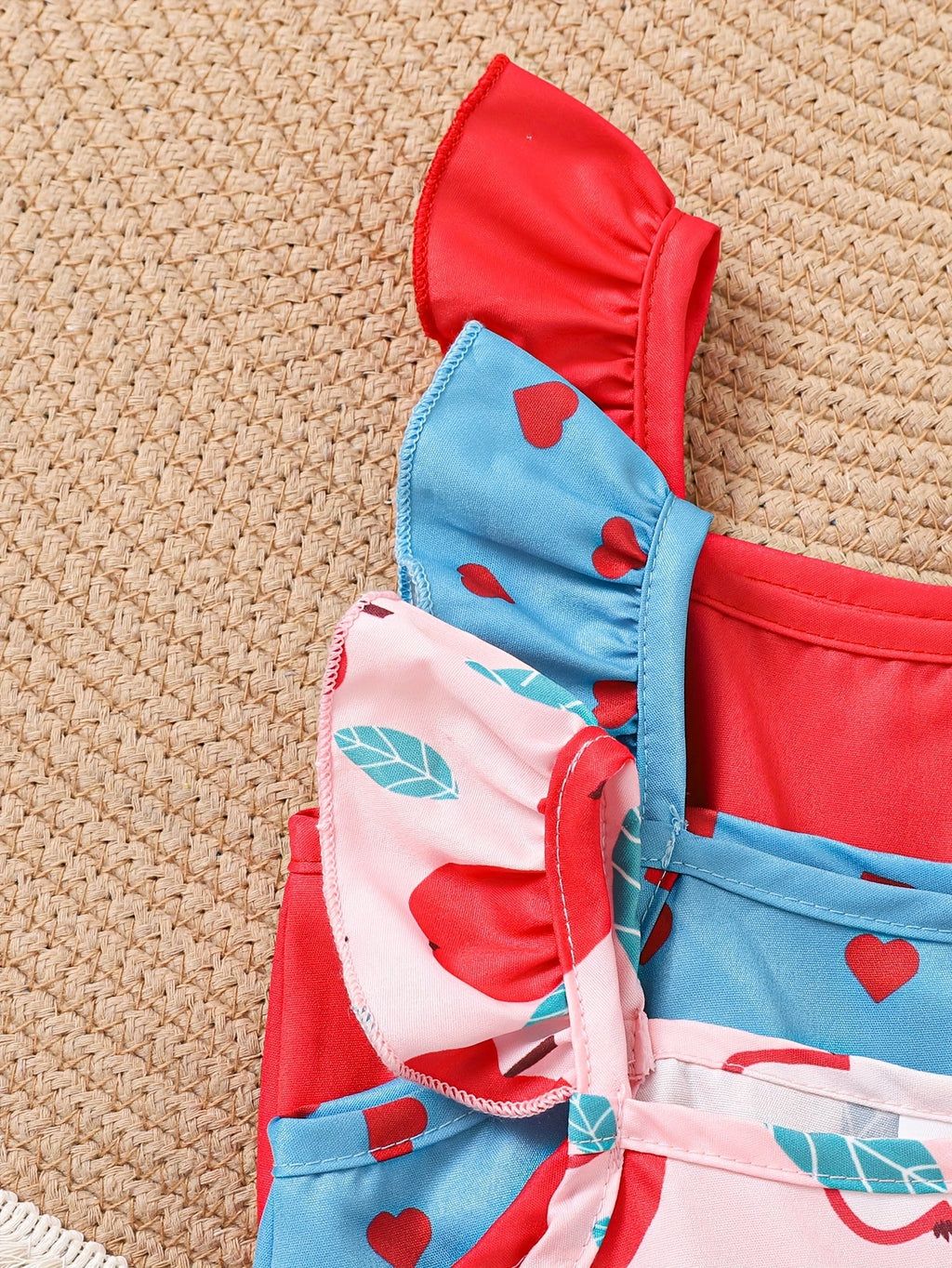 Baby Girls' Short Rompers 3-Pack with Pink Fruit and Blue Heart Prints for Sleeveless Summer Outfits
