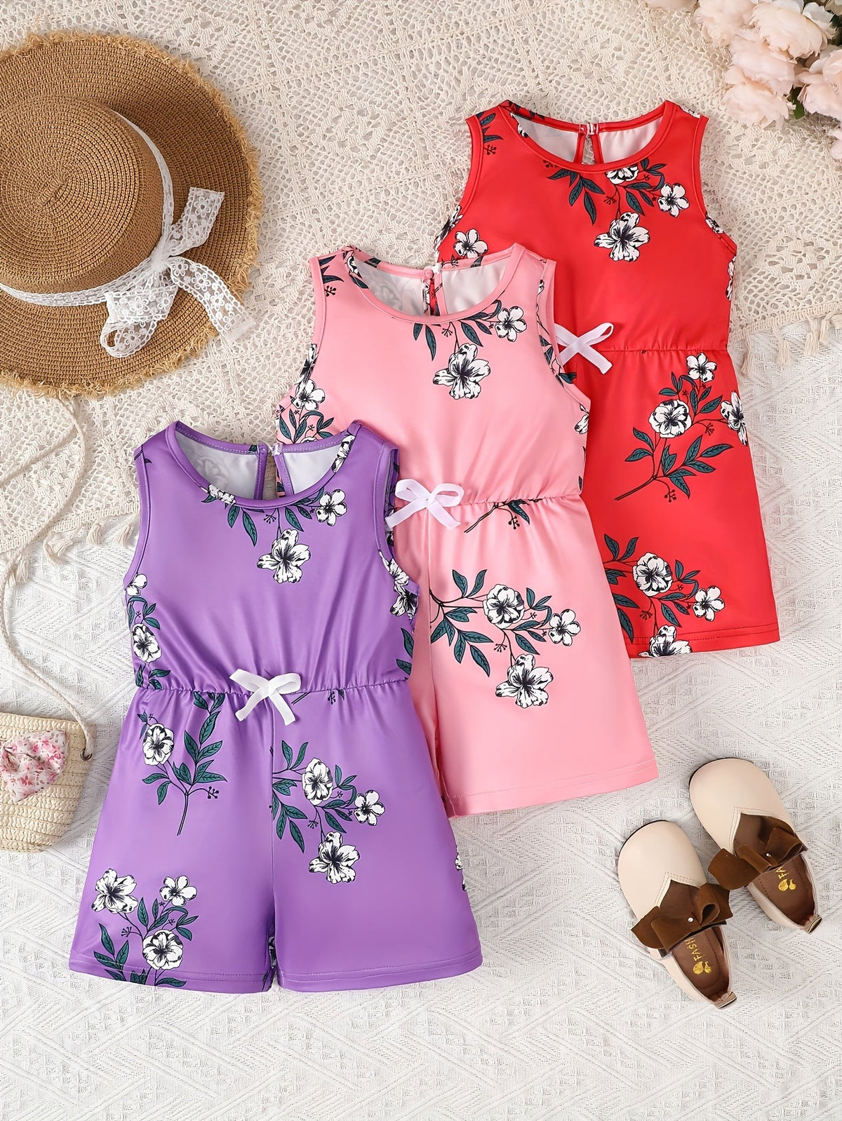 Girls' Floral Rompers 3-Pack with Sleeveless Tops and Bow Waist Details for Casual Summer Outfits