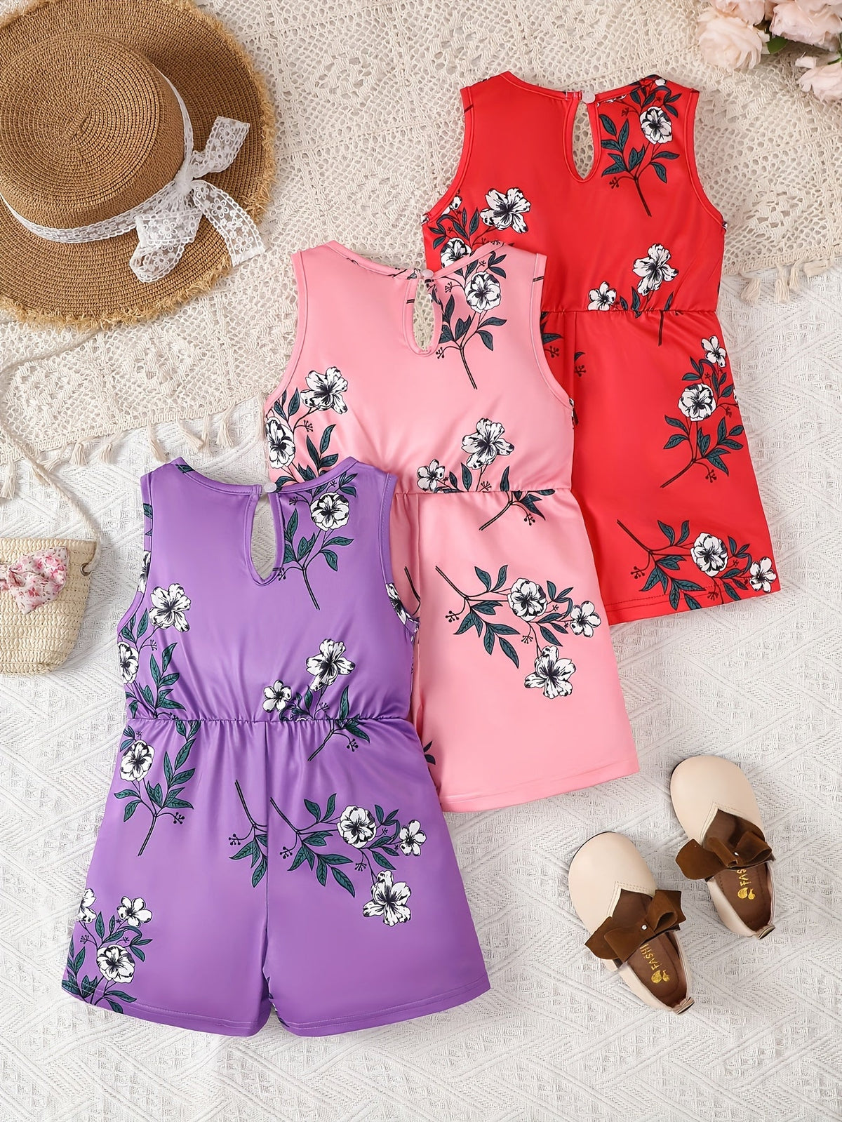 Girls' Floral Rompers 3-Pack with Sleeveless Tops and Bow Waist Details for Casual Summer Outfits