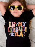 Girls' Kindergarten Era Cotton T-Shirt in Black with Colorful Lettering and Flowers for School Days