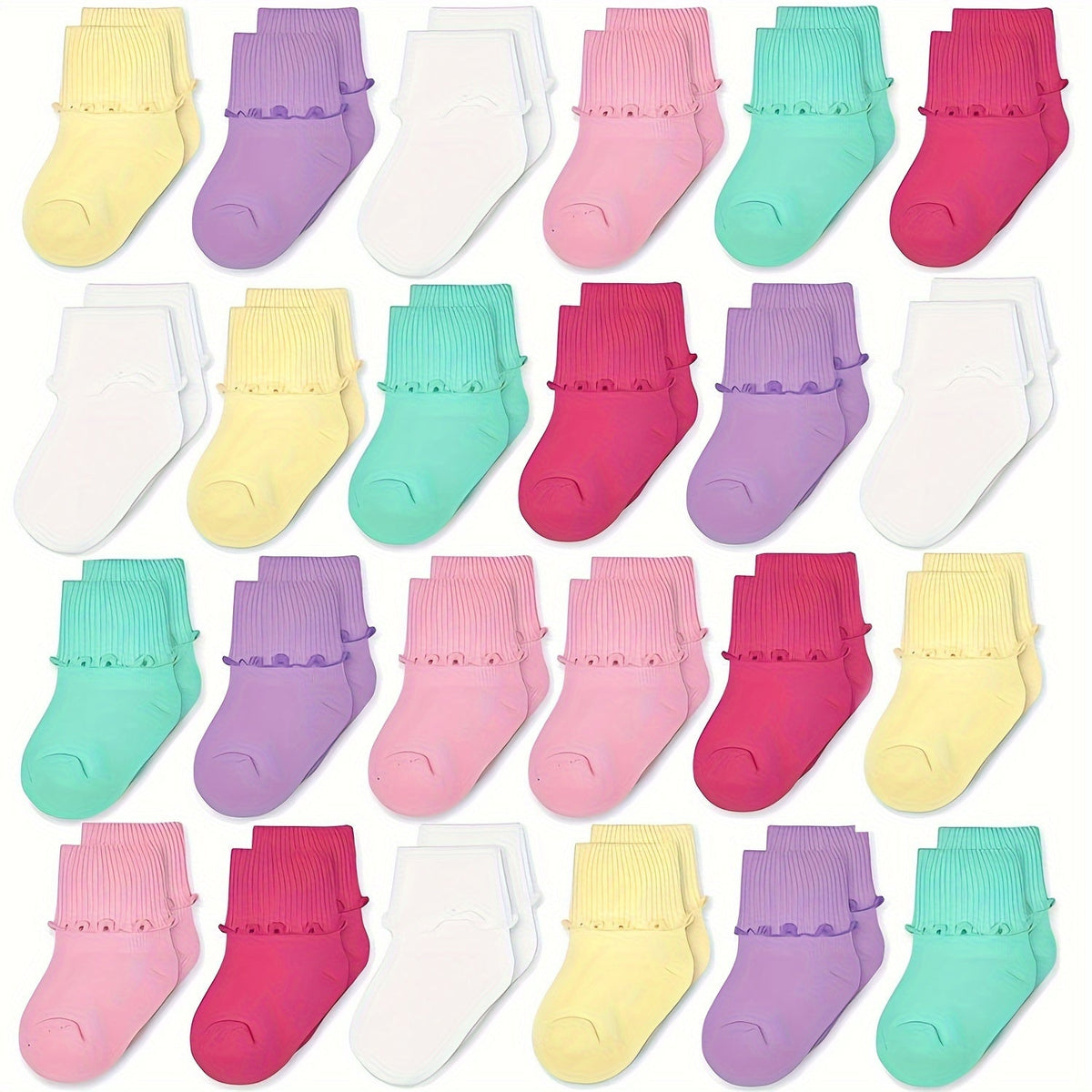 Girls' Ruffle Cuff Socks in Mixed Solid Colors with Folded Ankle Tops for Everyday Dresses and Shoes