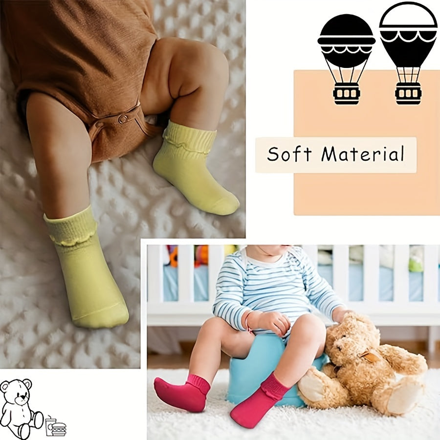 Girls' Ruffle Cuff Socks in Mixed Solid Colors with Folded Ankle Tops for Everyday Dresses and Shoes