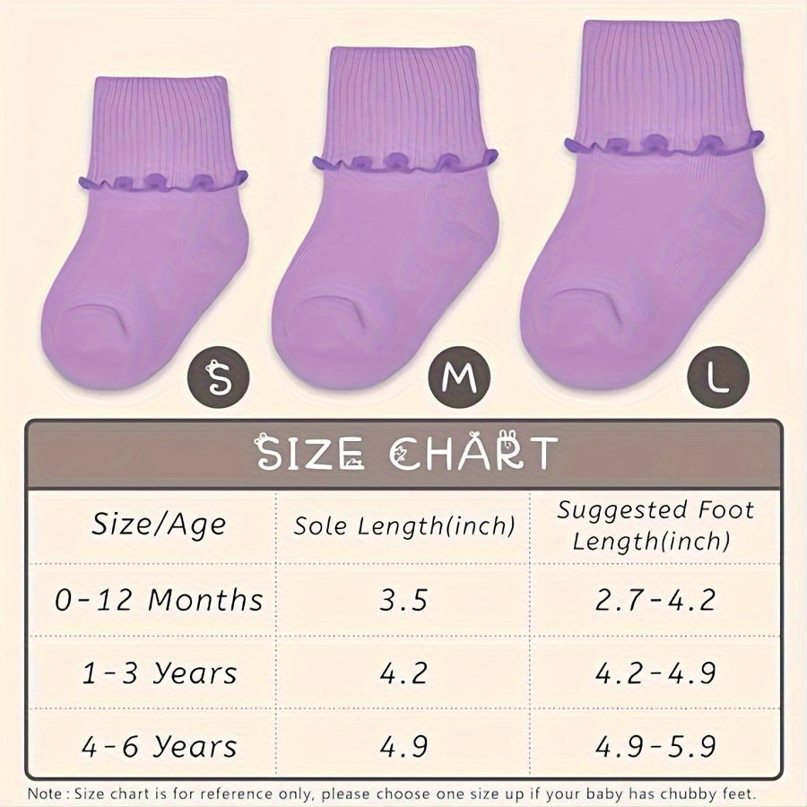 Girls' Ruffle Cuff Socks in Mixed Solid Colors with Folded Ankle Tops for Everyday Dresses and Shoes