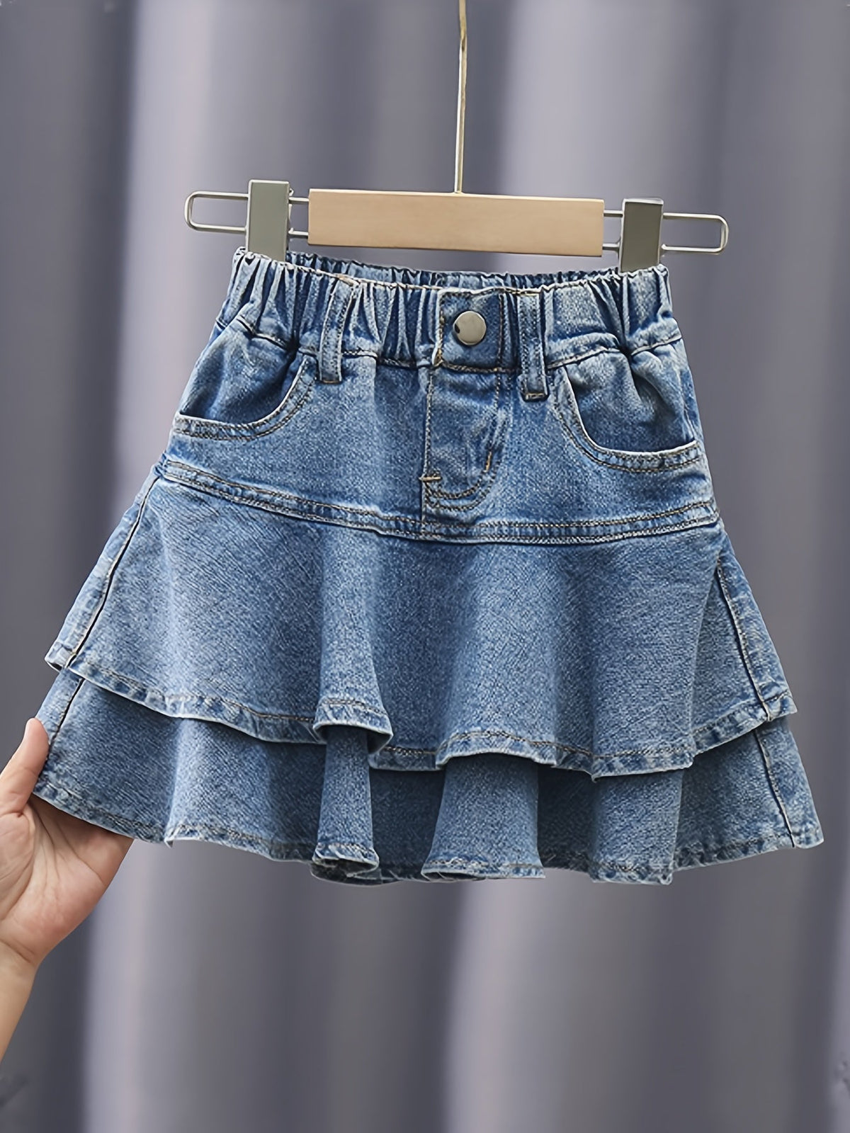 Girls' Blue Tiered Denim Skirt with Front Pockets and a Gathered Waistband for Everyday Summer Outfits