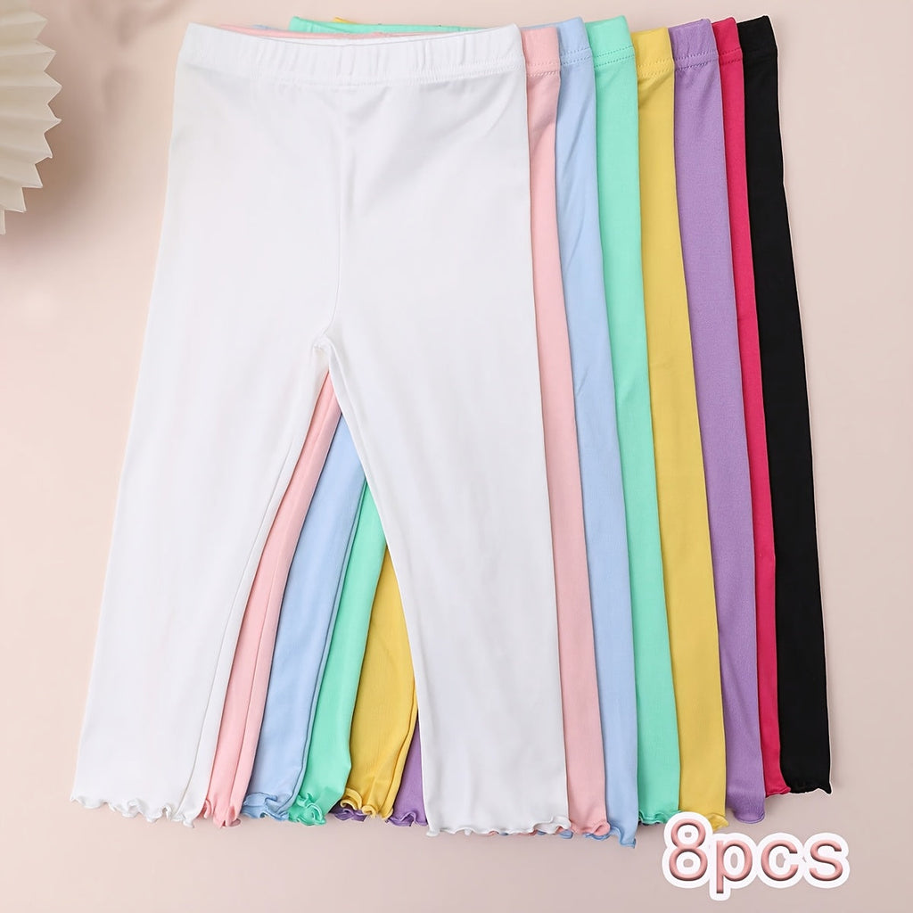 Girls' Eight Pack Colorful Leggings with Lettuce Edge Hems and Elastic Waists for Everyday Layering