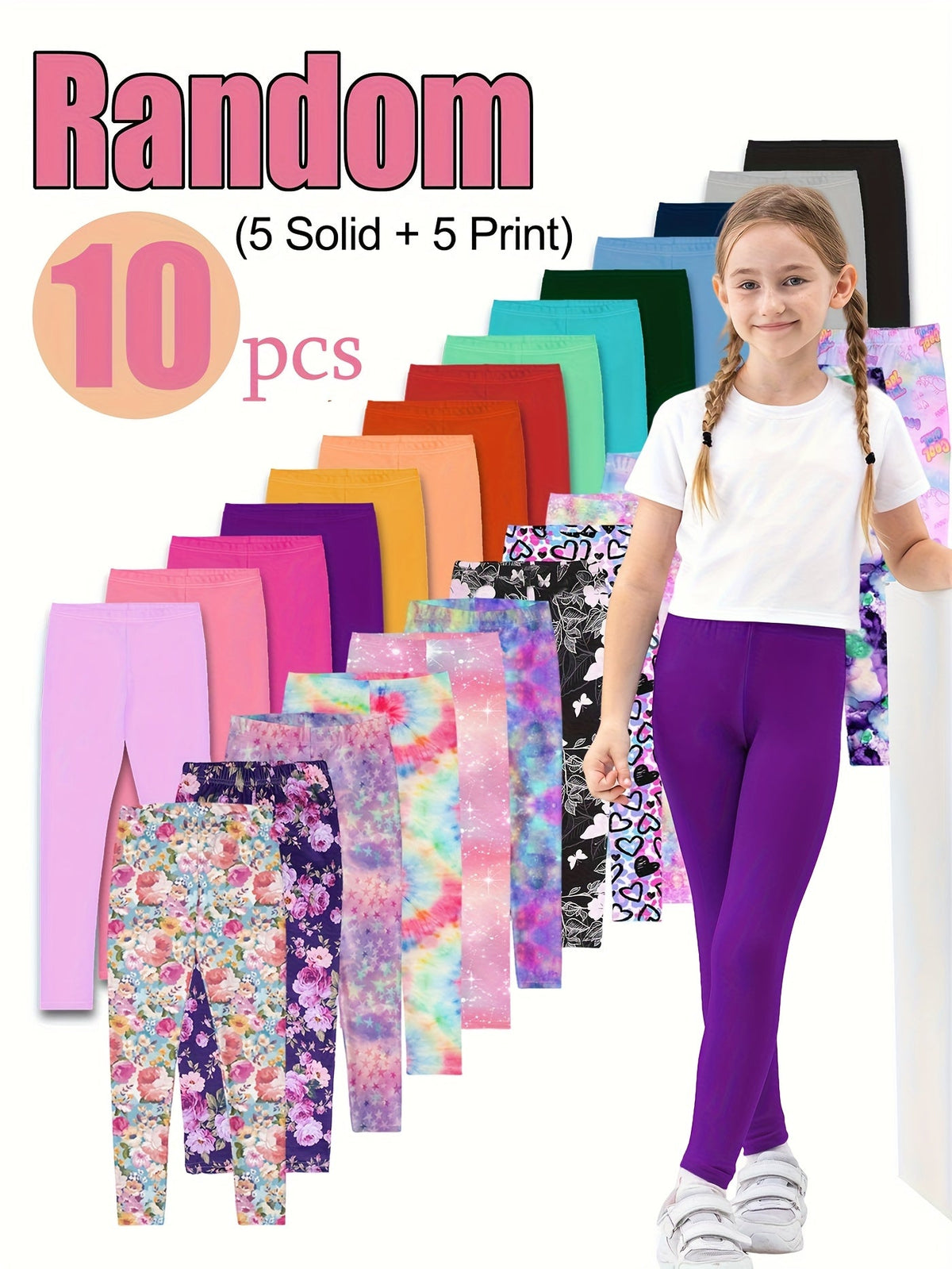 Girls' Stretch Leggings Ten Pack in Black or Random Colors with Pull On Waists for Dance and Daily Layering