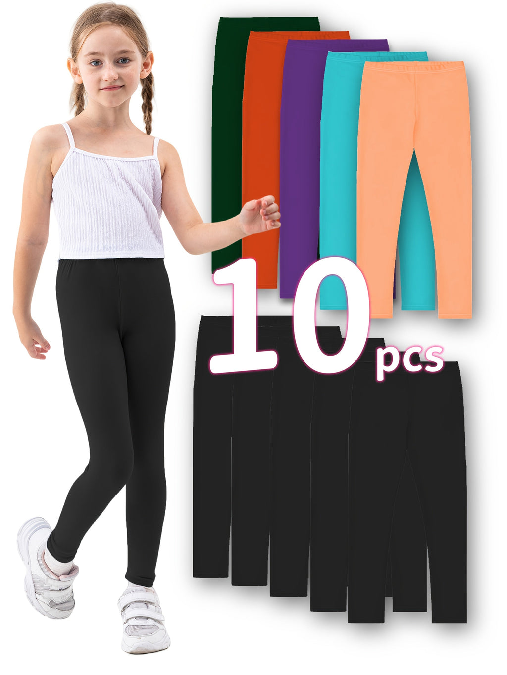 Girls' Stretch Leggings Ten Pack in Black or Random Colors with Pull On Waists for Dance and Daily Layering