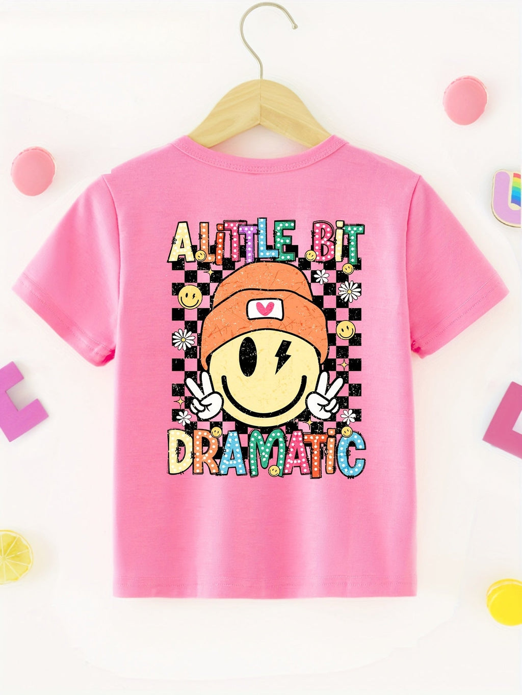 Girls' Graphic T-Shirt in Rose Pink Cotton with a Little Bit Dramatic Print for Casual Summer Outfits