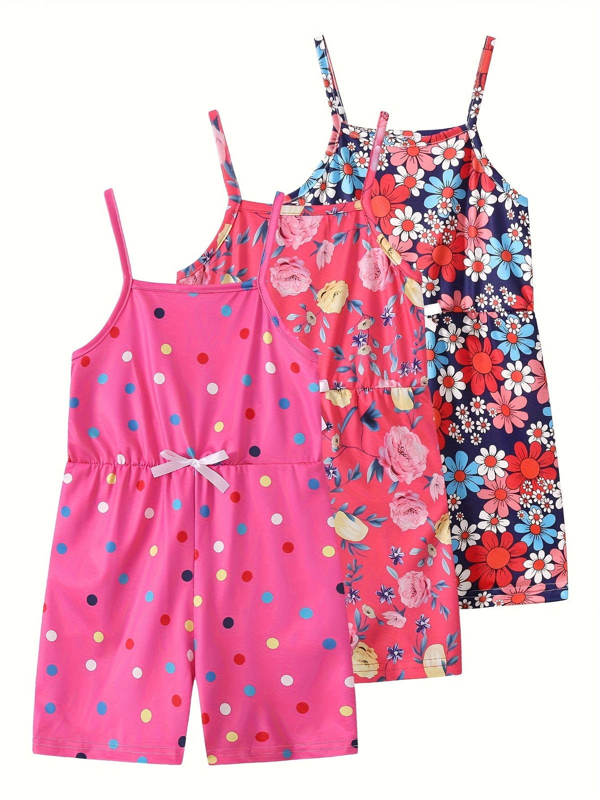 Girls' Three-Piece Random Summer Clothing Assortment Featuring Dresses and Rompers in Mixed Colors