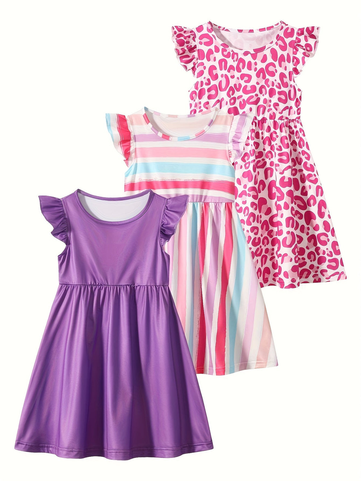 Girls' Three-Piece Random Summer Clothing Assortment Featuring Dresses and Rompers in Mixed Colors