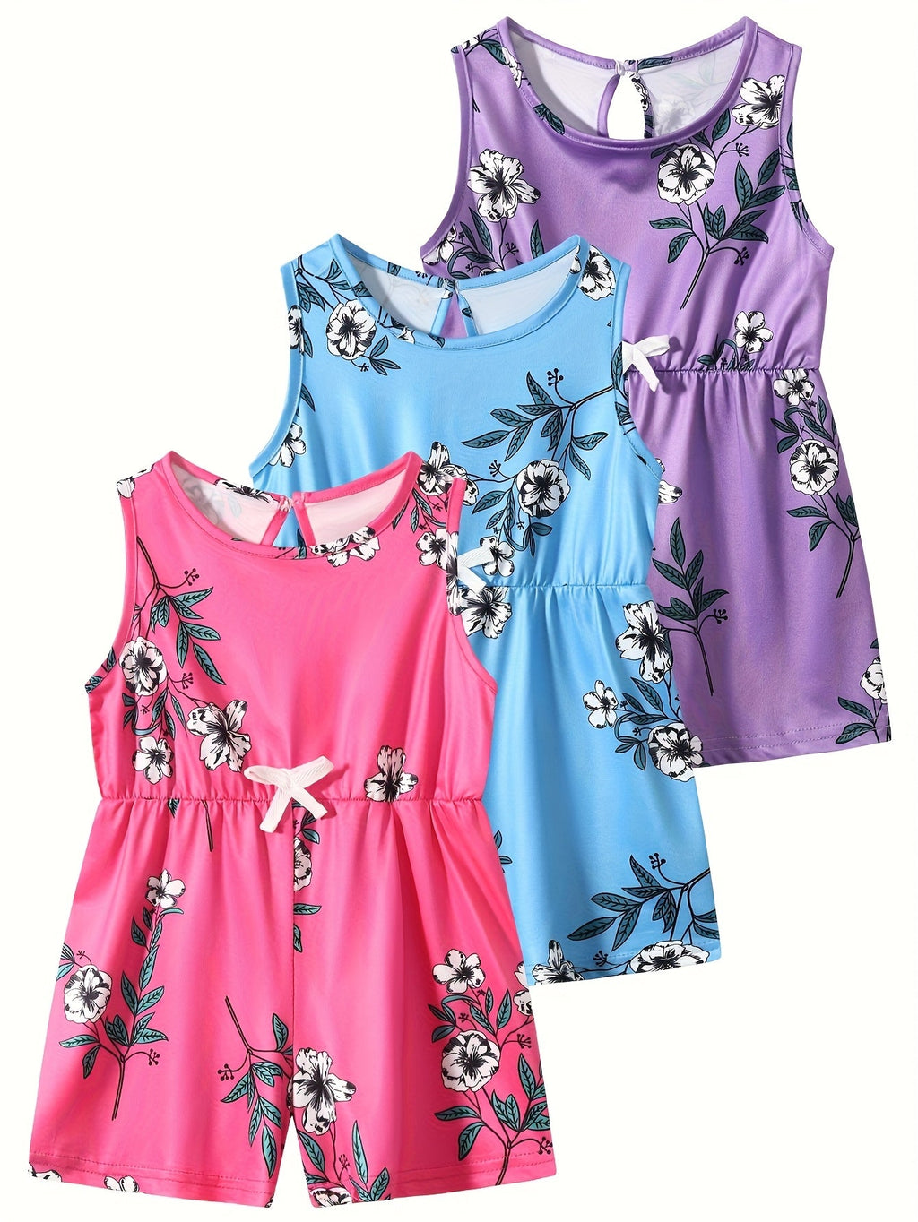 Girls' Three-Piece Random Summer Clothing Assortment Featuring Dresses and Rompers in Mixed Colors