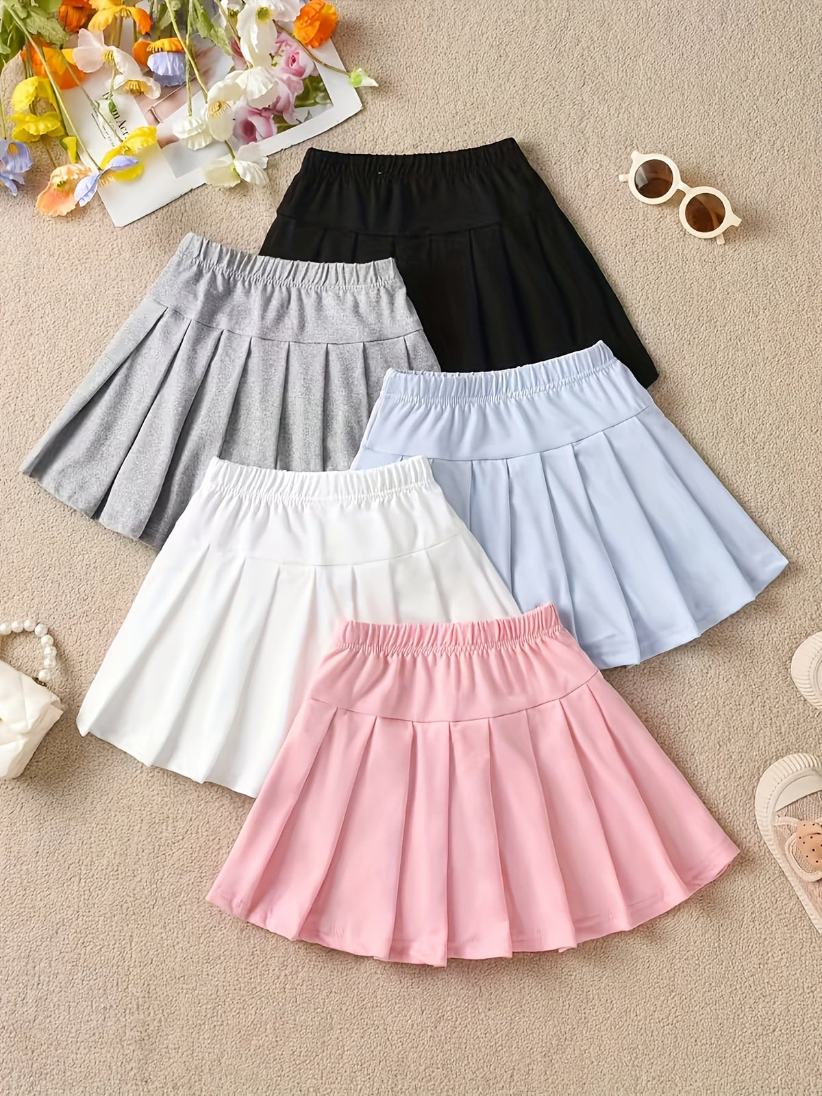 Girls' Pleated Skort 2-Pack in Random Colors with Built-In Shorts and Small Heart Patches at the Waist