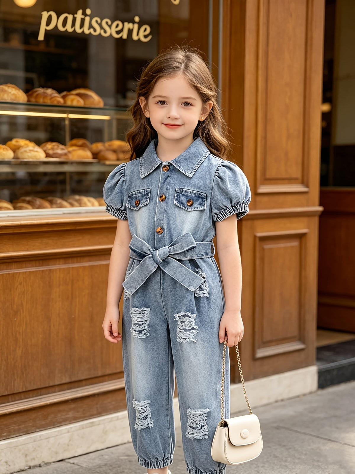 Girls' Outfit Set – Girls' Royal Blue Denim Long-Sleeve Short-Sleeve Jumpsuit