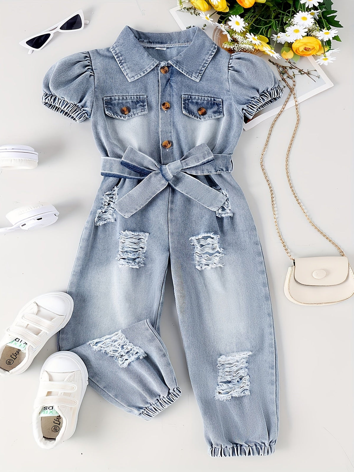Girls' Outfit Set – Girls' Royal Blue Denim Long-Sleeve Short-Sleeve Jumpsuit