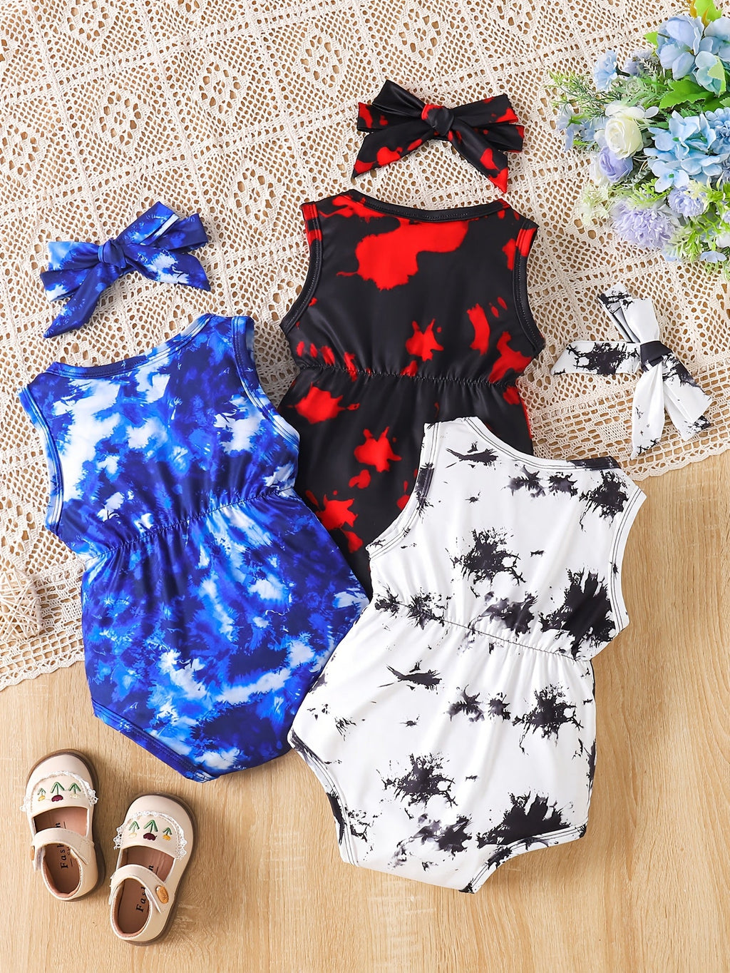 Girls' Outfit Set – Girls' Tie-dye series Polyester Printed Sleeveless Romper