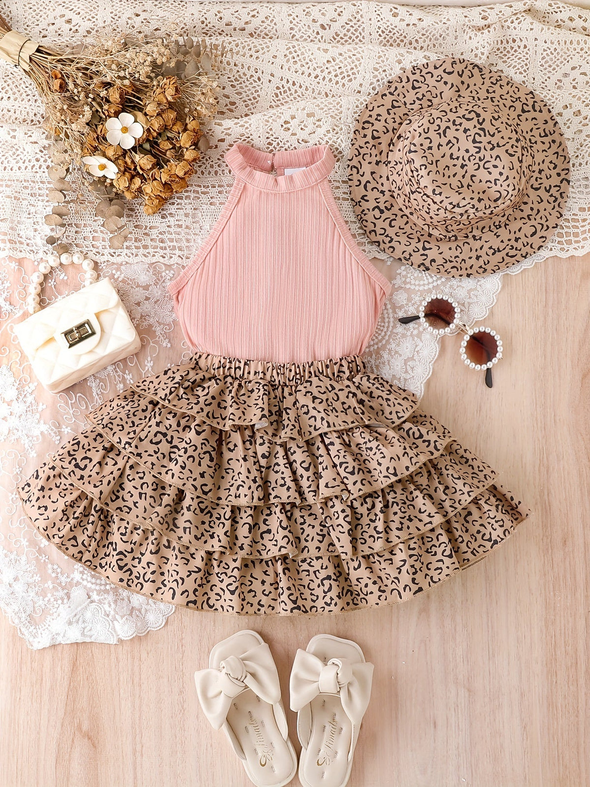 Girls' Leopard Skirt Set with a Black Ribbed Halter Top and Matching Hat for Casual Summer Outfits