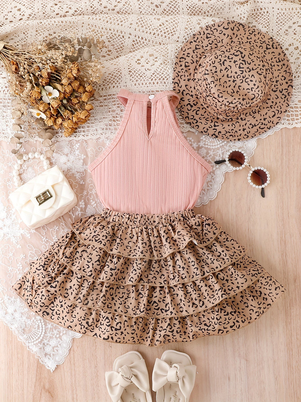 Girls' Leopard Skirt Set with a Black Ribbed Halter Top and Matching Hat for Casual Summer Outfits