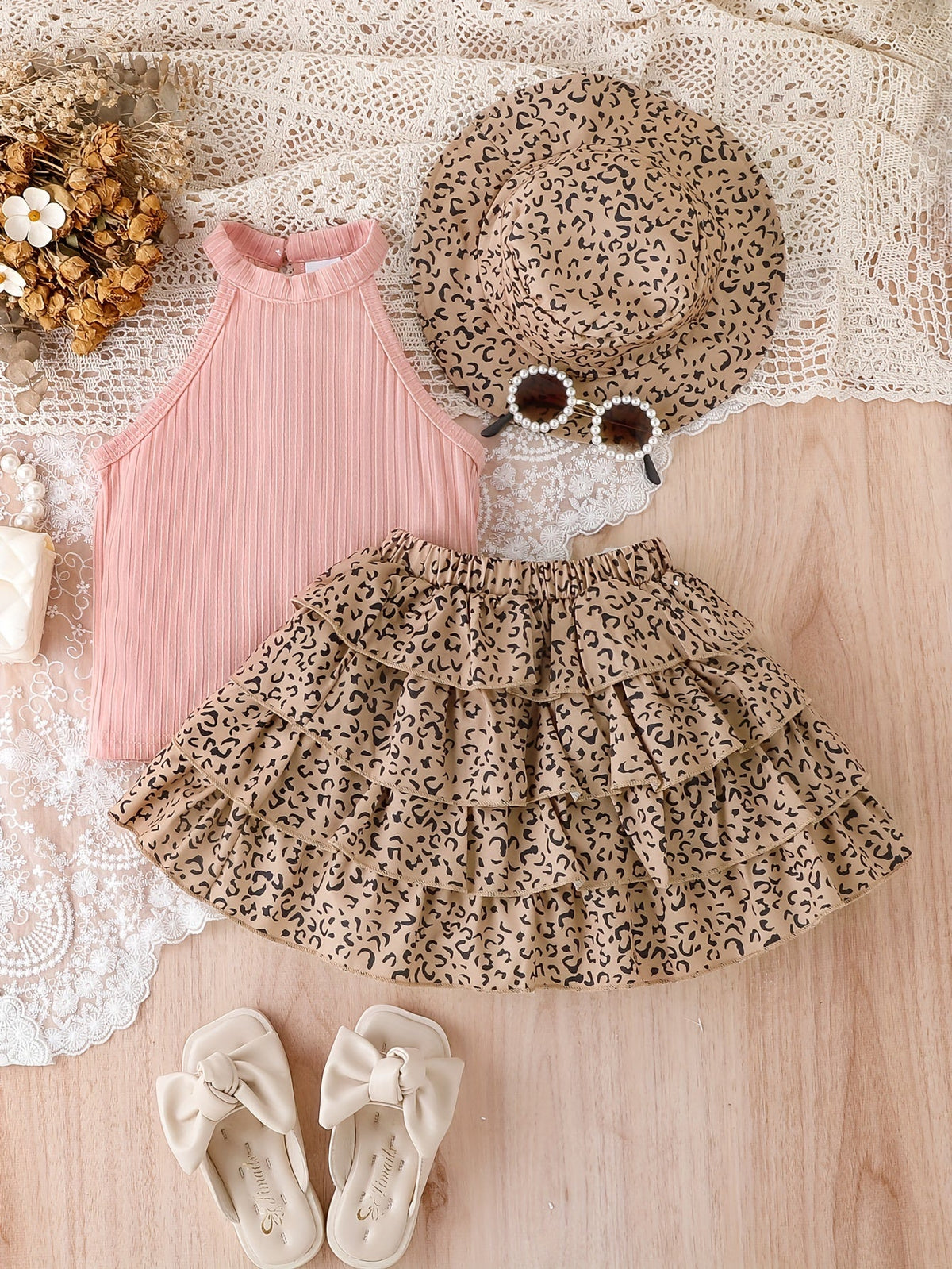 Girls' Leopard Skirt Set with a Black Ribbed Halter Top and Matching Hat for Casual Summer Outfits