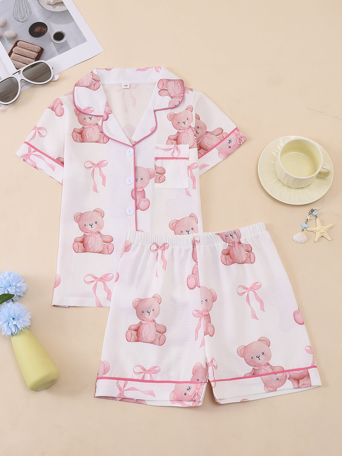 Girls' Short Sleeve Pajama Set with Button Front Shirt and Shorts in a Random Heart or Bear Print