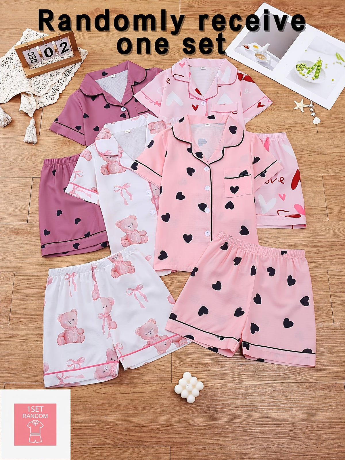 Girls' Short Sleeve Pajama Set with Button Front Shirt and Shorts in a Random Heart or Bear Print